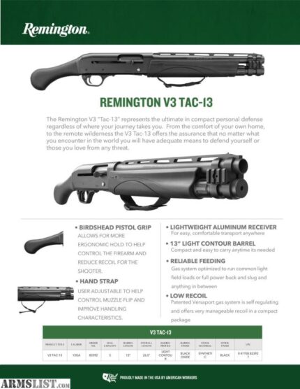 Remington V3 TAC-13 Black Oxide 12 Gauge 3in Semi Automatic Firearm